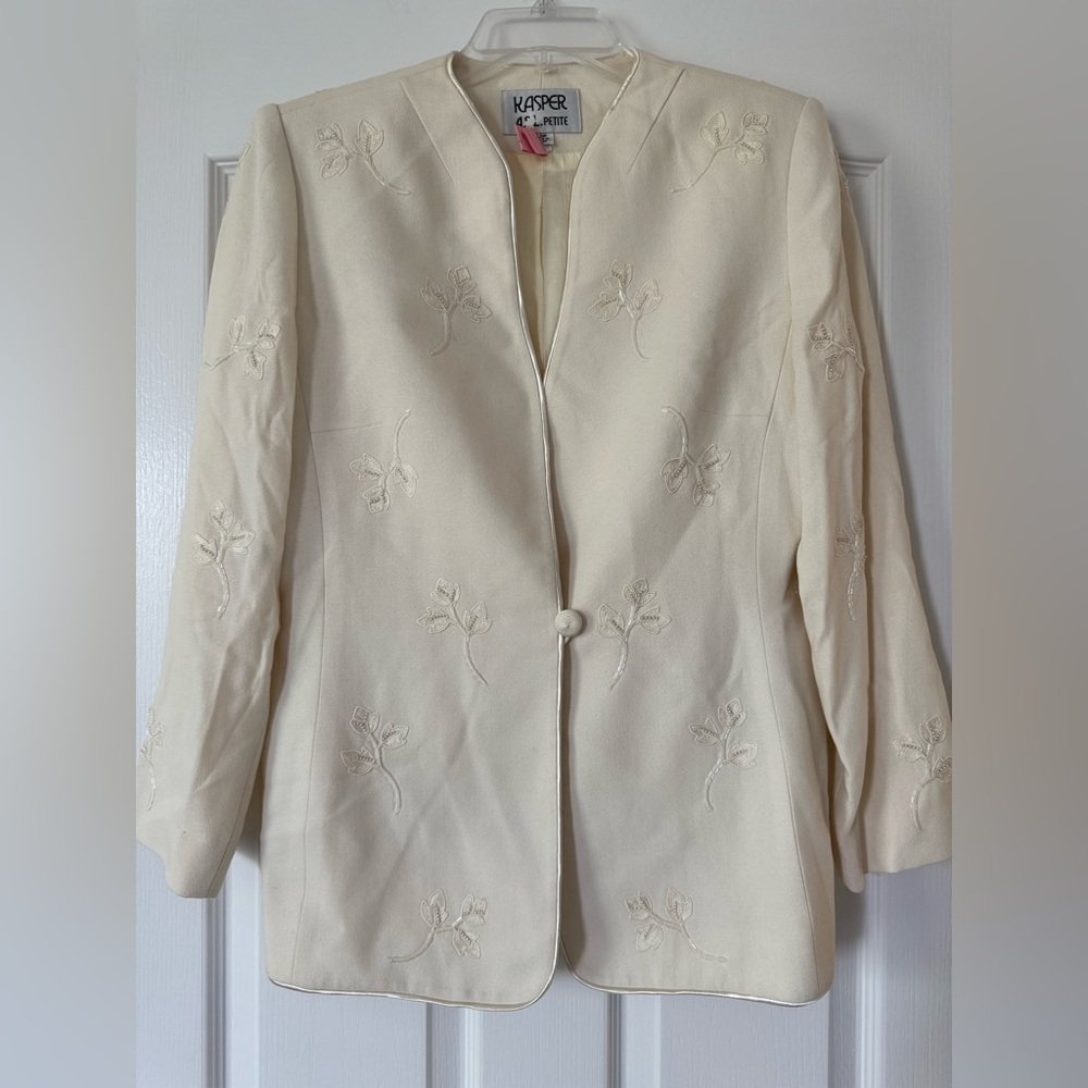 Kasper A.S.L. Petite Cream Embroidered Floral Blazer Jacket Size 10P